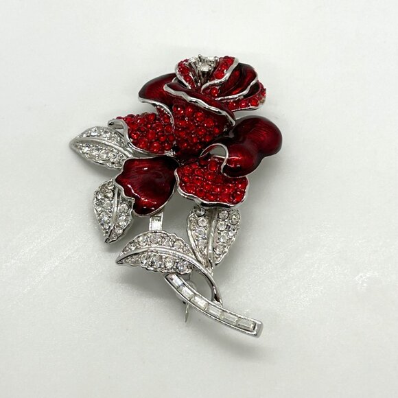 Nolan Miller Jewelry - Vintage Nolan Miller Brooch First Lady Red Rose Nancy Regan Rhinestone Brooch